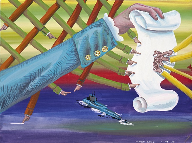 Submarine painting on paper with scroll imagery by Kenny Cole