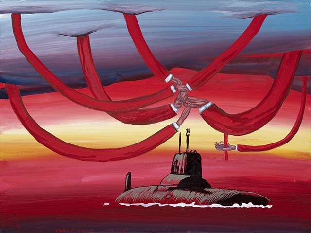 Submarine painting on paper with red arms and sea by Kenny Cole