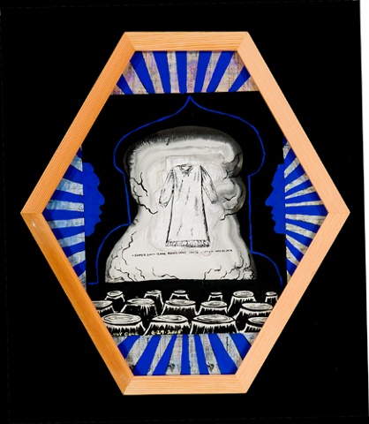 Shaped black and blue drawing in a wood frame