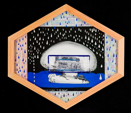 Shaped black and blue drawing in a wood frame