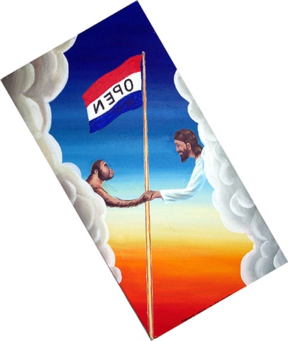 An acrylic painting of a flag pole, white clouds and Jesus and Australopithecus shaking hands