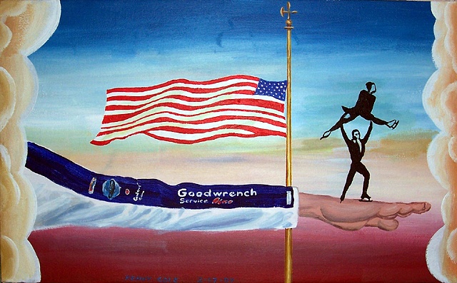 An acrylic painting of a flag pole, brown clouds and silhouetted miniature skaters on an out stretched arm