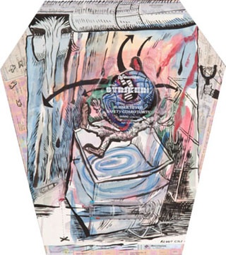 coffin shaped canvas with ink on paper