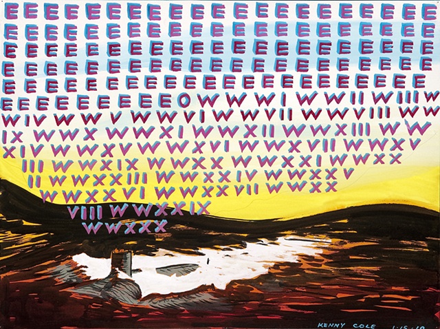 Submarine painting on paper with purple letters by Kenny Cole