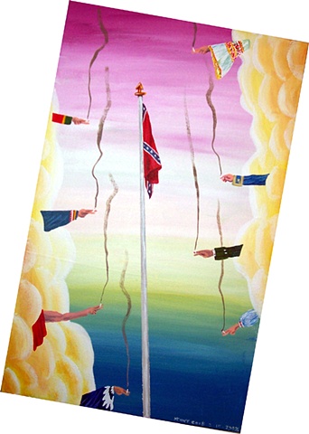 An acrylic painting of a flag pole, yellow clouds and costumed hands holding burning cigarettes