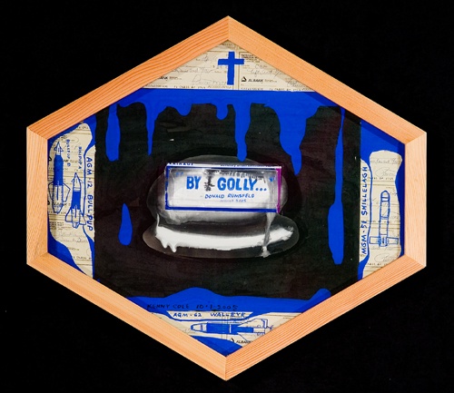 Shaped black and blue drawing in a wood frame