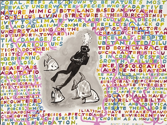 scuba diver surrounded by hand drawn text and pink tendrils drawing by Kenny Cole