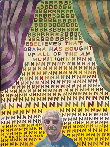 Gouache drawing of Bunting, text and portraiture of white haired man with sunglasses by Kenny Cole
