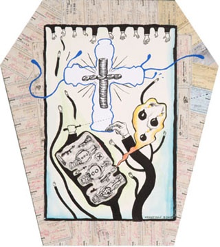 coffin shaped canvas with ink on paper