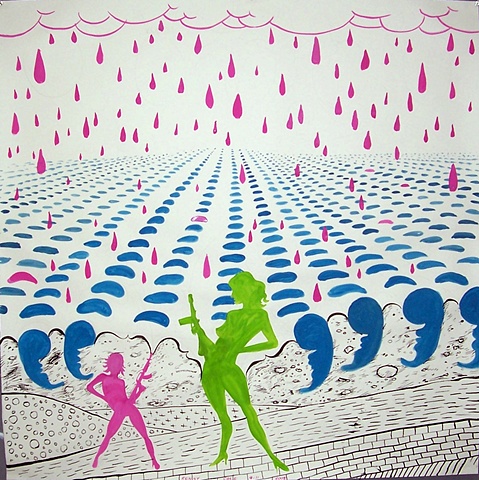 gouache drawing in pink and blue silhouettes