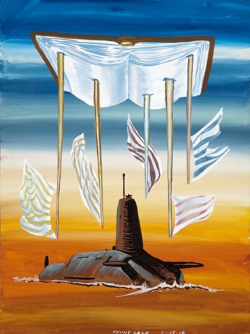 Submarine painting on paper with upside down book by Kenny Cole