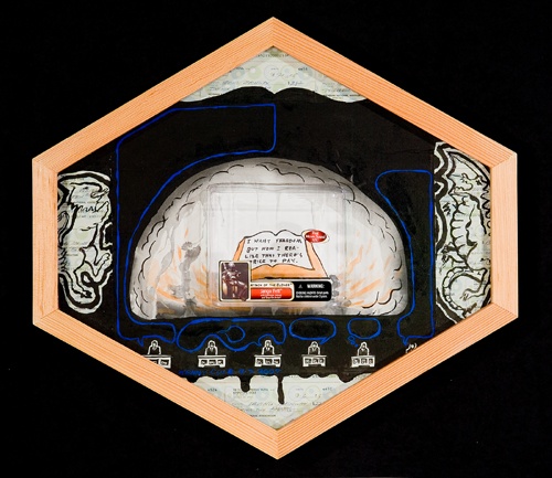 Shaped black and blue drawing in a wood frame