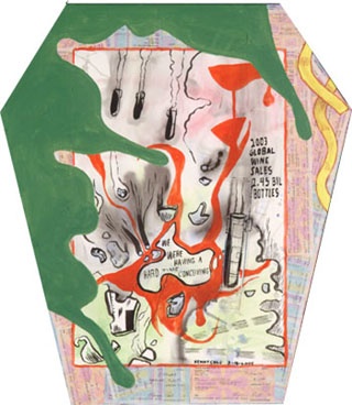coffin shaped canvas with ink on paper
