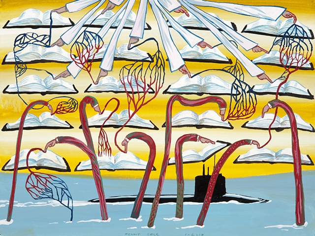 Submarine painting on paper with red arms by Kenny Cole