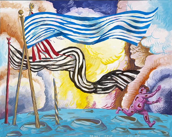 Gouache drawing of a blue moonscape with flags and running figure by Kenny Cole