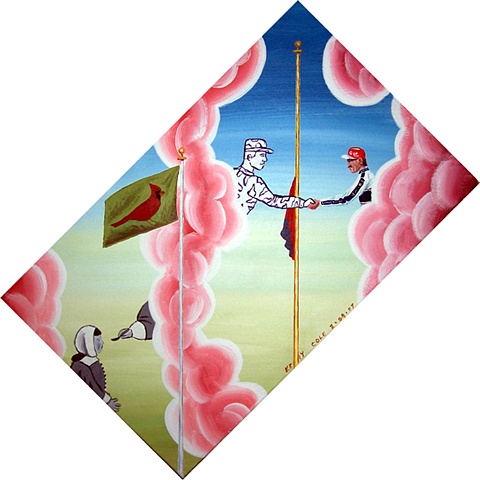 An acrylic painting of flag poles, pink clouds, pilgrims, race car driver and soldier