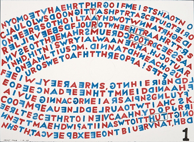 gouache drawing in red and blue of text, numbered 1