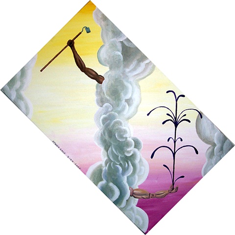 An acrylic painting of white clouds, an arm holding a hoe and a G. I. Joe arm spurting a decorative stigmata