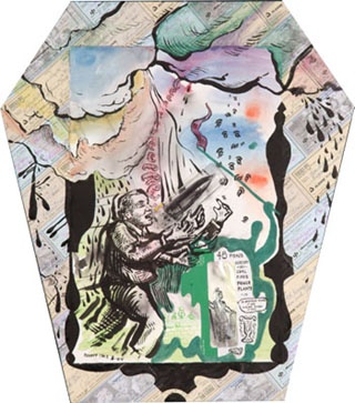 coffin shaped canvas with ink on paper