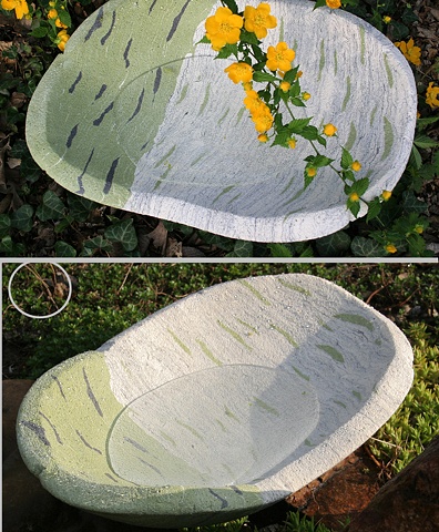 multi-purpose white and green concrete bowl or birdbath