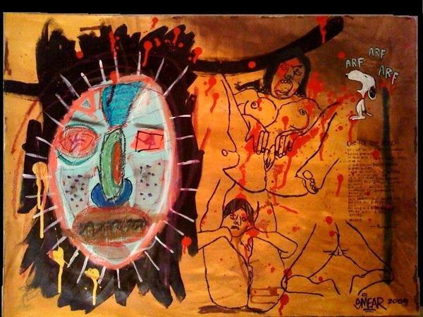 Painting on paper of  women opening their legs showing off their pussies, assholes and tits along with Snoopy barking and a hand written Charles Bukowski poem scrawled on the right by Cristian Smear Gheorghiu