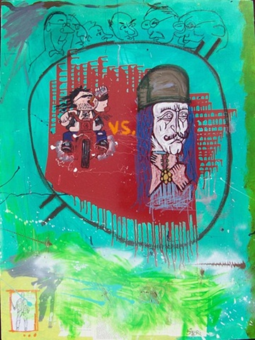 A painting of Dracula ( Vlad Tepes ) and and the Garbage pail kids Disgustin' Justin on a motorcycle standing in for a Hell's Angel by Cristian Smear Gheorghiu