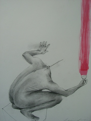 red brush stroke of a headless man