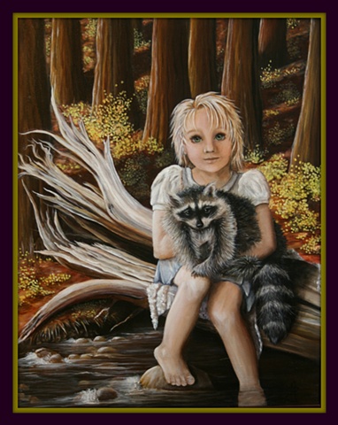 Original Oil, Girl, Raccoon, Woods, Branch, Water, foot, toes, flowers