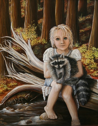 little girl, raccoon,  print