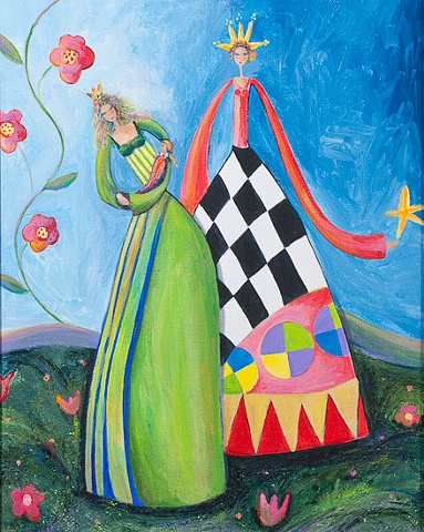 tall skinny women. holding a new born baby bright whimical colors