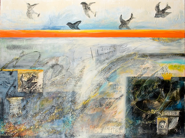 whimical, abstract, mixed media, birds,
