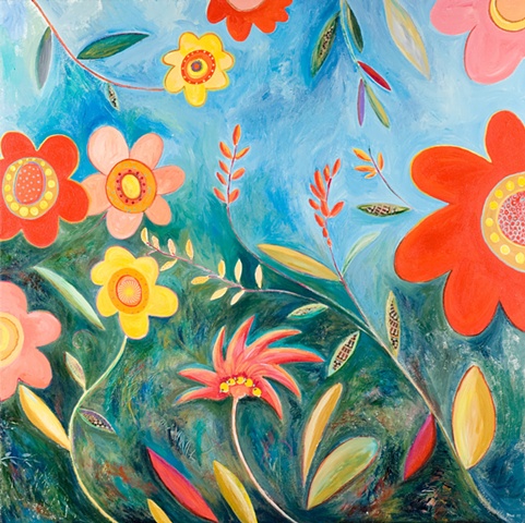 bright whimical flowers, mixed media sand,beads