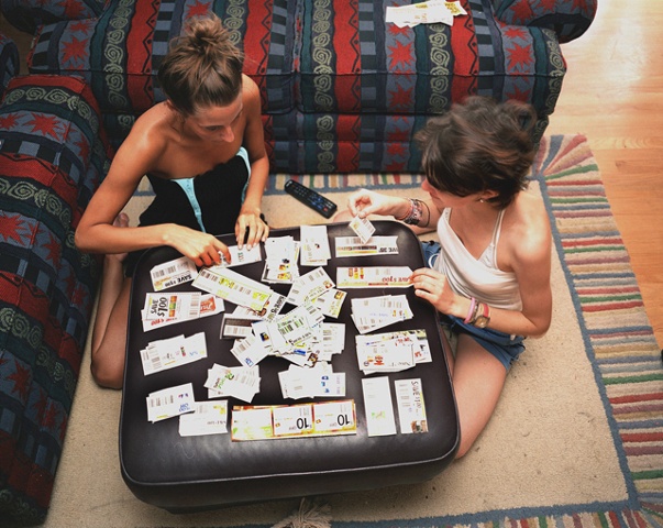 Emily and Kim Sorting Coupons, 2005