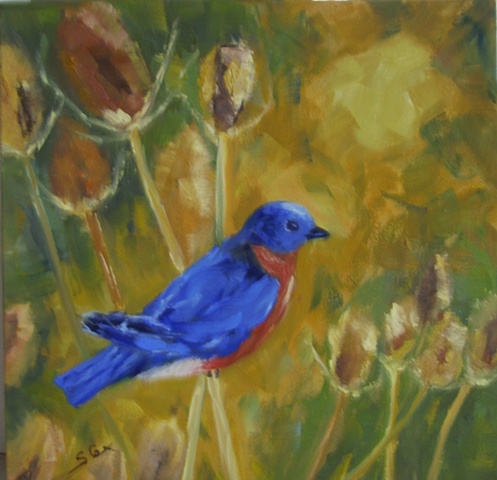 Sandy Cox art, bluebird, oil
