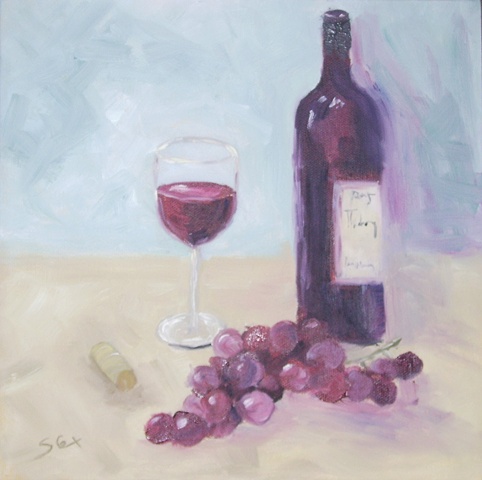 wine, bottle, glass,  oil,  Sandy Cox art