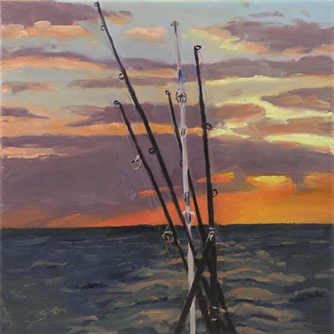Sandy Cox, oil paint, fishing poles