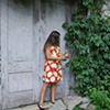 Summer sundress in cherry red peony cotton.