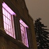 Lavender glow from inside the lakehouse