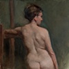 Nude leaning on easel