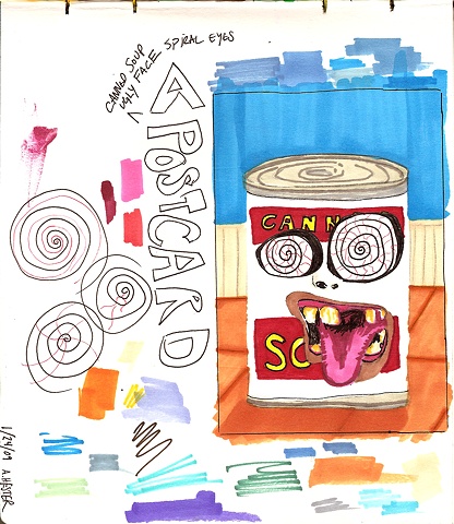 Sketchbook Study for Postcard "Canned Soup Ugly Face Spiral Eyes"