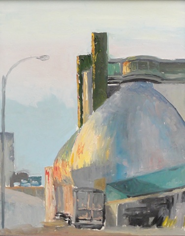Sunset on the digester eggs, sewage treatment plant, Greenpoint.