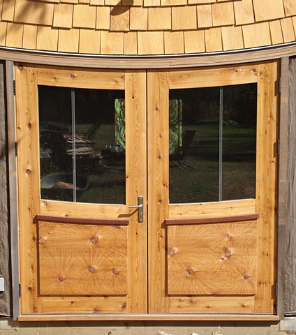 Curved top exterior doors. Western Red Cedar, oak pegs