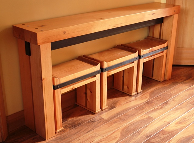 Hallway table and stools, Reclaimed Douglas Fir, Blackened steel