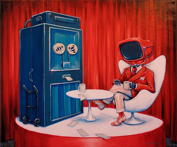 A supercomputer and a robot dandy on a talkshow