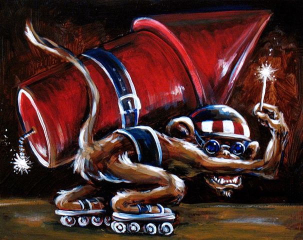 Monkey on rollerskates with a rocket on his back and a sparkler