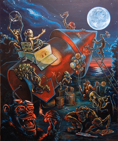 Monkeys preparing to launch a rocket to the moon on a moonlit beach