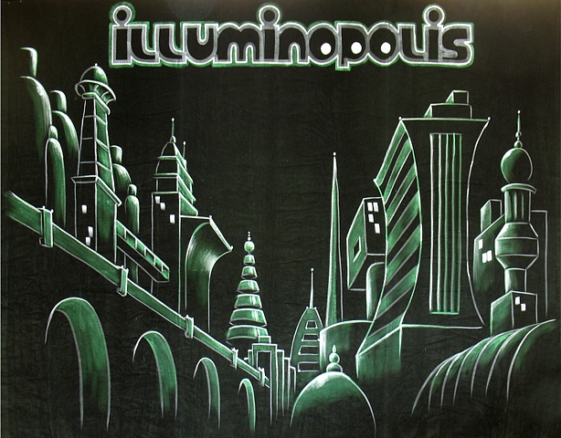 Illuminopolis at night, a Futuristic city backdrop for a Burlesque show