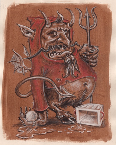 A sloppy, short and overweight devil holds a snowball in front of an overturned styrofoam cooler