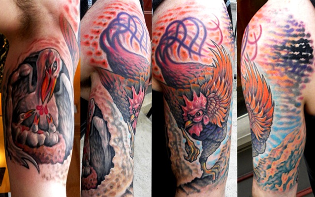 Bron's rooster and pelican scene