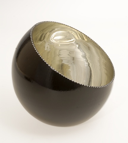 white gold leaf hand-blown glass bowl, reverse painting on glass, verre �glomis�, slant glass bowl